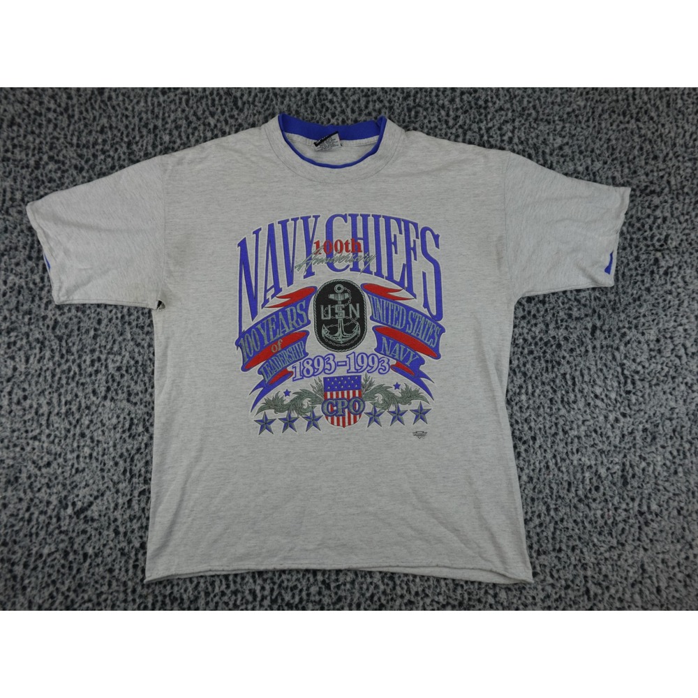 Vintage Signal Sports US Navy Chiefs 100th Anniversary T-Shirt Grey Large 90s